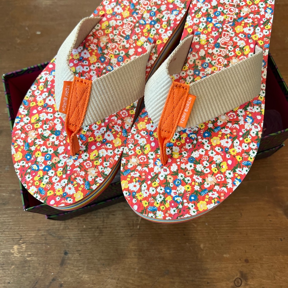 Tory Burch Floral Sandals - Beige and Orange
